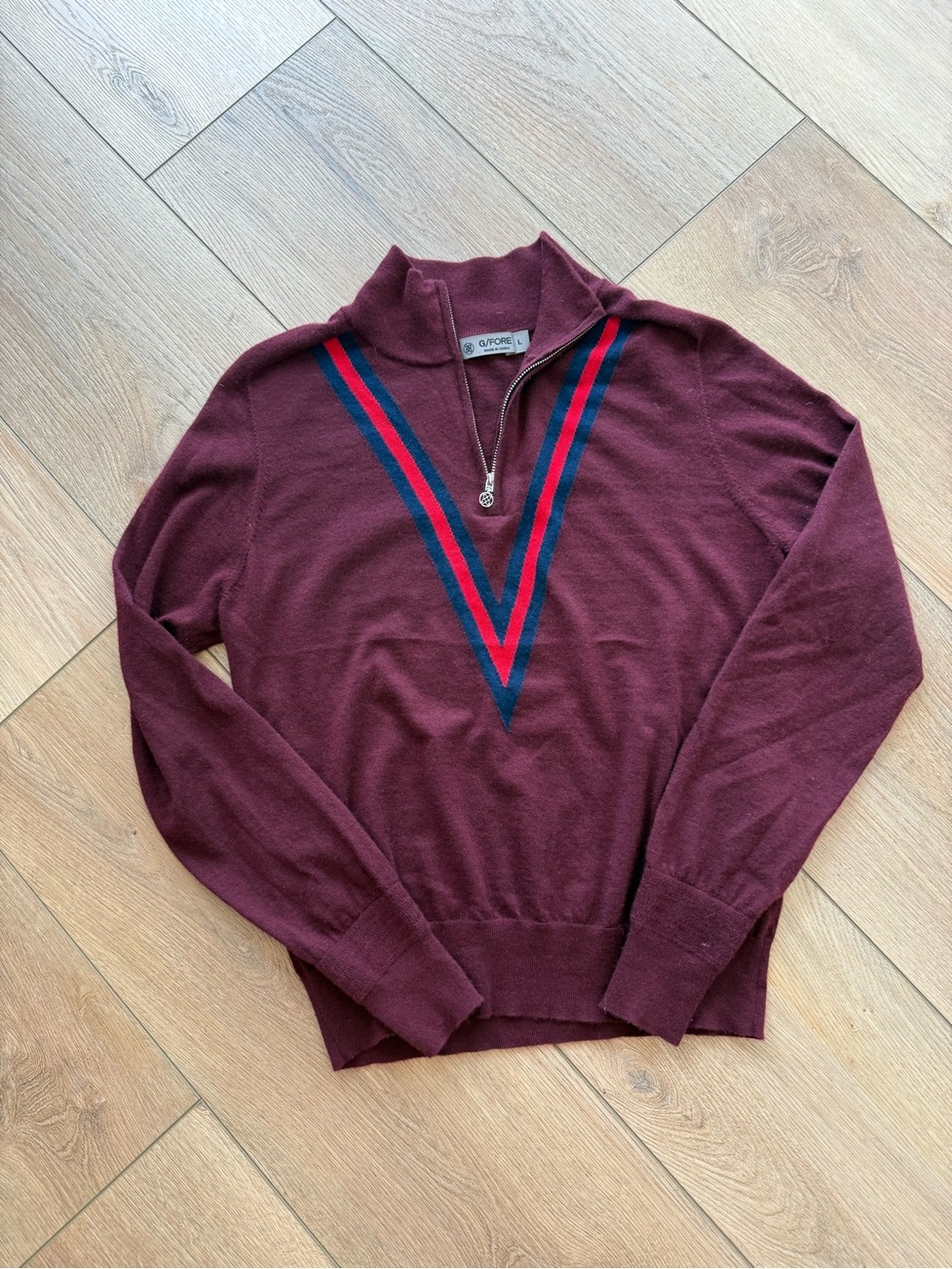 G/FORE Men's Burgundy Quarter-Zip Sweater with Navy and Red V-Stripe